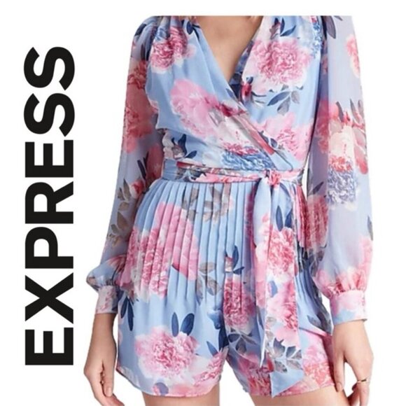 EXPRESS KAWAII FLORAL PINK AND BLUE ROMPER PLEATED LONG SLEEVE SIZE XXSMALL - Picture 1 of 16